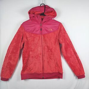 The North Face Women M Red Fuzzy Teddy Fleece Hooded Jacket Soft Zip‑Up Coat